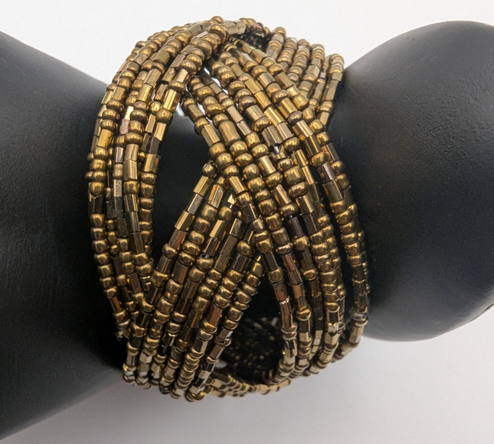 Gold Tone Beaded Coil Wrap Bracelet Multi Strand Memory Wire Statement Unbranded
